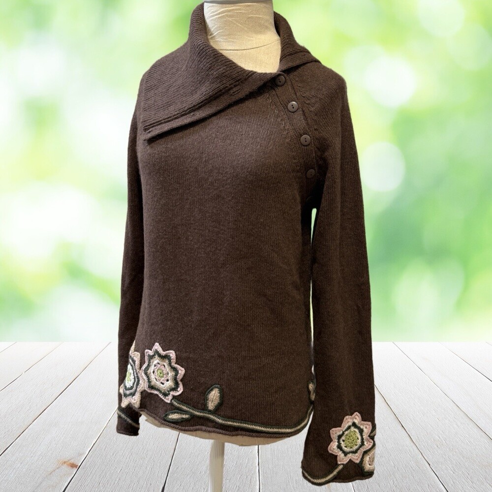 Vintage Y2K Asym Boho Sweater Crochet Applique Floral Yak Wool Brown Pink Size S